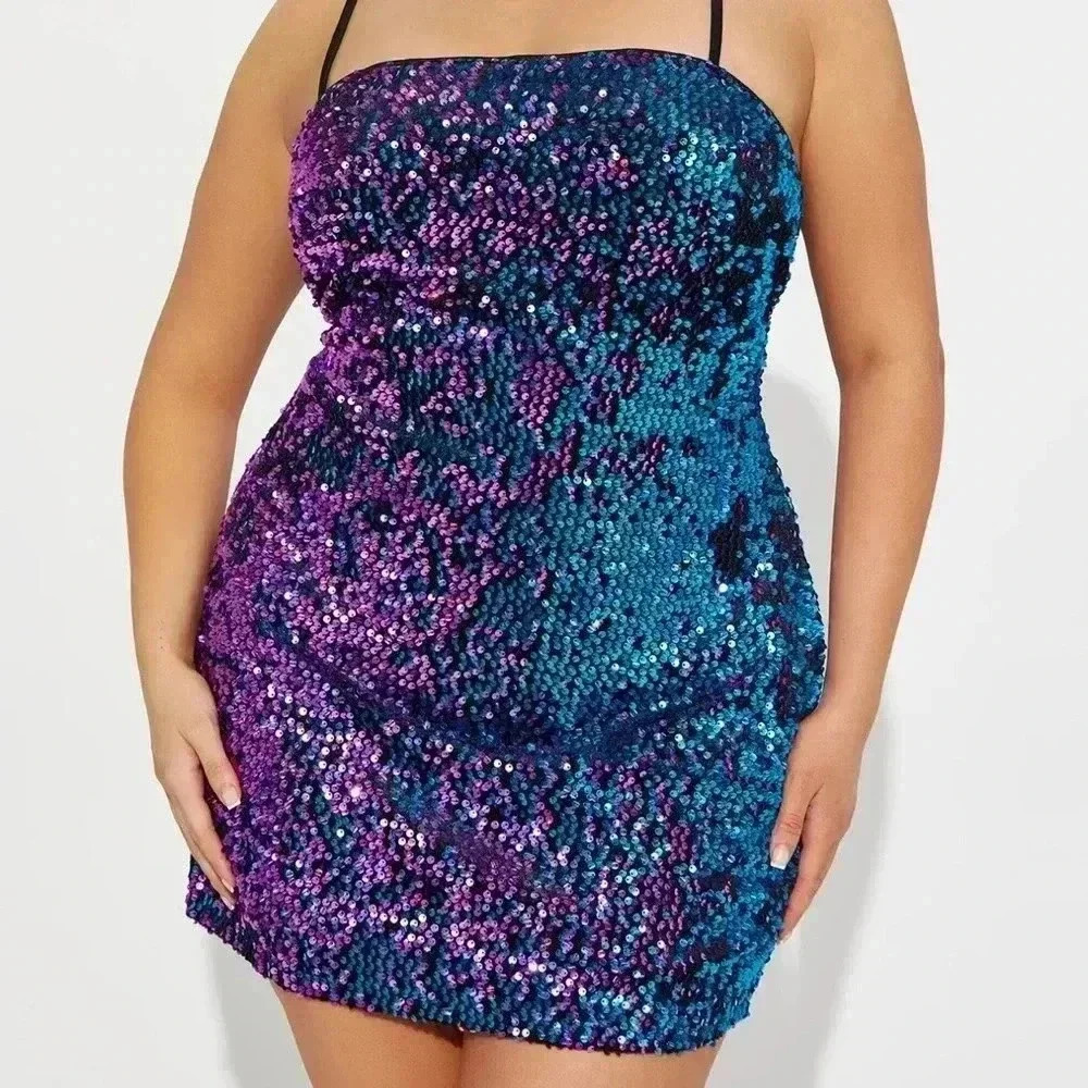 NWT! Small SHOWGIRL Bright Light Sequin Mini Dress Purple Combo - Picture 6 of 6